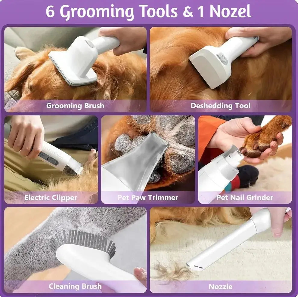 6 in 1 Pet Grooming Vacuum Kit with Clippers, Nail Grinder, Shedding Brush & 2.5L Cup | Dogs & Cats Tech Xploit