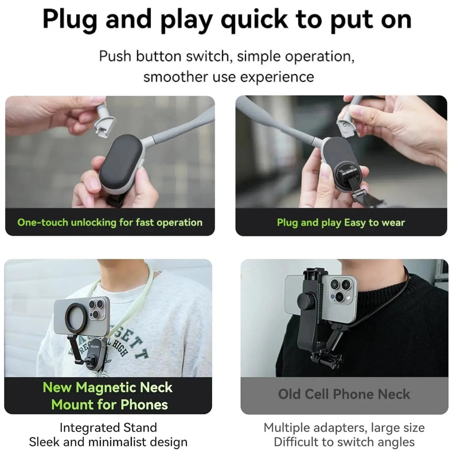 Magnetic Neck Mount for Phones, 360° Rotation, POV/Vlog Selfie Strap, iPhone & Android Tech Xploit