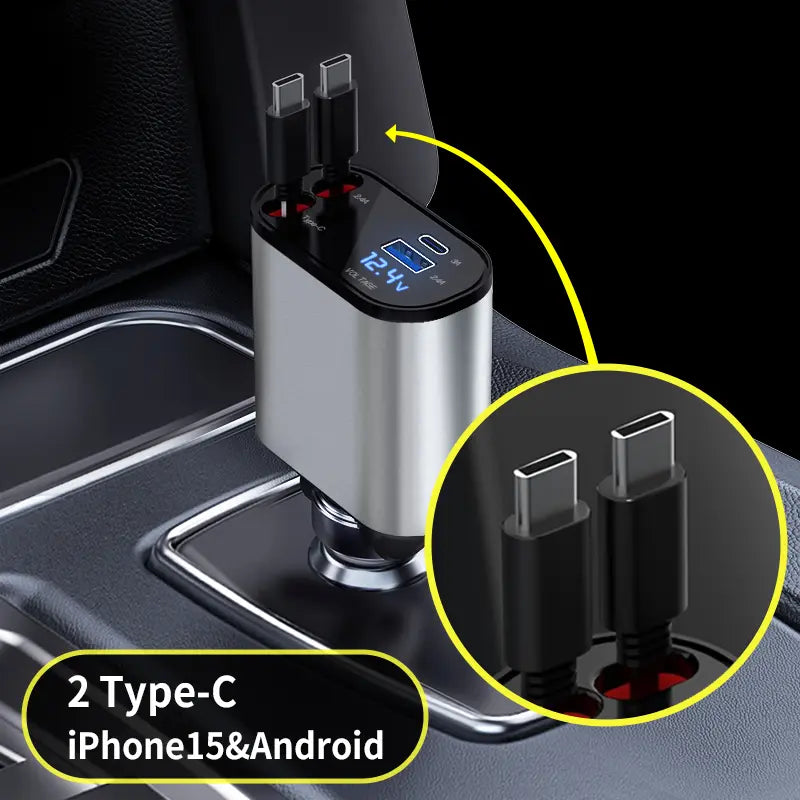 Retractable Car Charger, 4 in 1 Fast Car Phone Charger 66W, Retractable Cables and USB Car Charger,Compatible with Iphone 15/14/13/12/11,Galaxy,Pixel